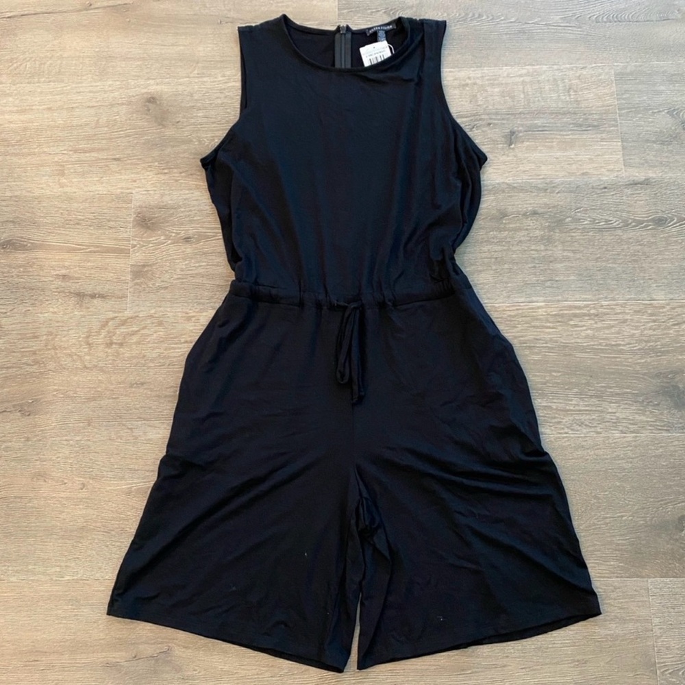 Eileen Fisher Jersey Short Romper Adjustable Waist Pockets Black Jumpsuit